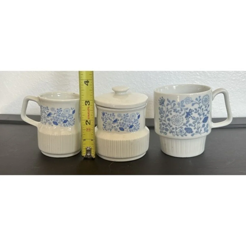 Vintage MCM Electric Kettle Creamer Pitcher Sugar Dish Mug Cup Blue Floral Japan